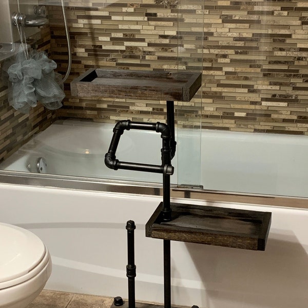 Industrial Style freestanding toilet paper holder with dual closed tray shelf