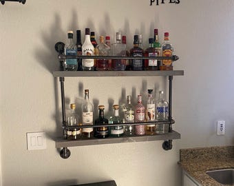 2-Tier Industrial Bar Shelf: Retro Scotch Display with Support Bars