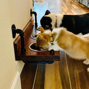 Floating Dog Bowls, Knotty Pine Feeder, Rustic Wood Wall Bar