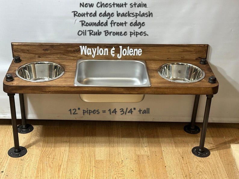 Elevated Dog Feeder with Water Bin, Large Wood Stand, Stainless Steel Bowls