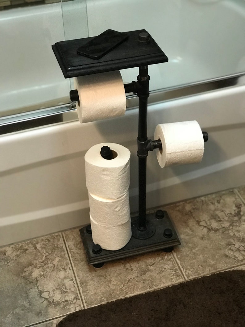 Industrial Style freestanding 5 roll toilet paper holder with phone shelf retro toilet roll stand image 4