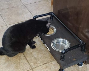 industrial style cat or dog bowl feeder with steampunk style railing- raised feeder - dog feeder -  Cat feeder