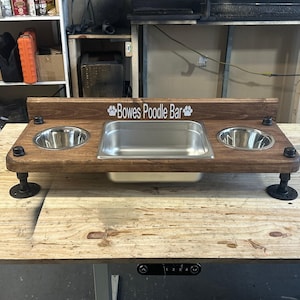 Elevated Dog Feeder with Water Bin, Large Wood Stand, Stainless Steel Bowls