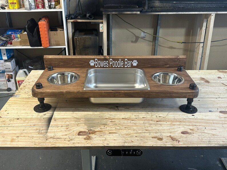Elevated Dog Feeder with Water Bin, Large Wood Stand, Stainless Steel Bowls