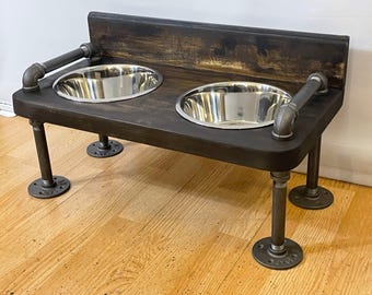 Rustic Raised Dog Bowl Feeder: Industrial Style with Backsplash