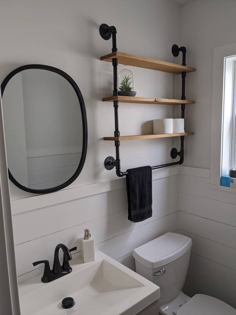 Rustic Wall Mounted Wooden Bathroom Decor Reclaimed Barn Wood Floating Over Commode Space Saver Storage Shelves Above the Toilet Tank Shelf Spare Towel Paper Roll Holder Organizer 