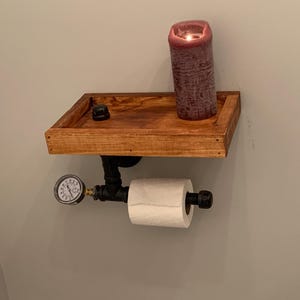 Steampunk style toilet paper holder with tray