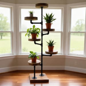 May include: A multi-tiered plant stand with a black metal frame and wooden shelves. The stand holds several potted plants of varying sizes and types. The stand is made of wood and metal and is designed to hold multiple plants.