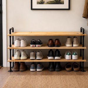 Industrial Shoe Rack Bench, Knotty Pine Wood, Large Entryway Organizer