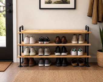 Industrial Shoe Rack Bench, Knotty Pine Wood, Large Entryway Organizer