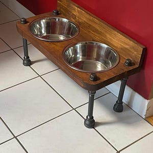 Rustic Raised Dog Bowl Feeder: Industrial Style with Backsplash