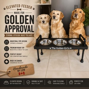 3 Bowl Elevated Dog Feeder, Rustic Wood Pet Feeding Station 画像 1