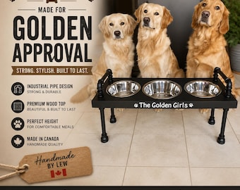 3 Bowl Elevated Dog Feeder, Rustic Wood Pet Feeding Station