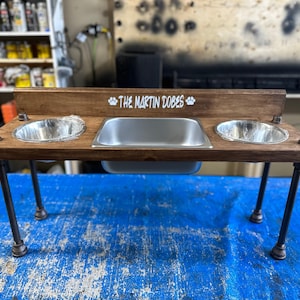 Elevated Dog Feeder with Water Bin, Large Wood Stand, Stainless Steel Bowls