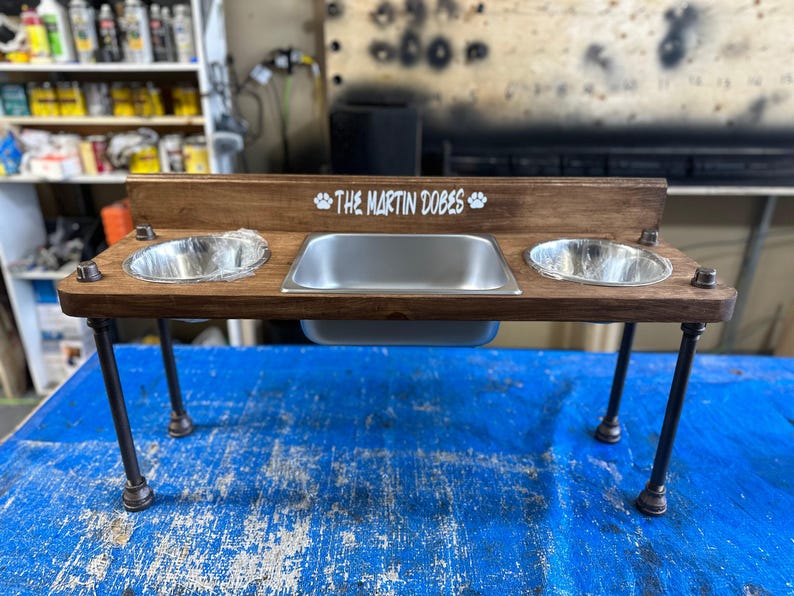 Elevated Dog Feeder with Water Bin, Large Wood Stand, Stainless Steel Bowls