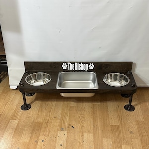 Elevated Dog Feeder with Water Bin, Large Wood Stand, Stainless Steel Bowls
