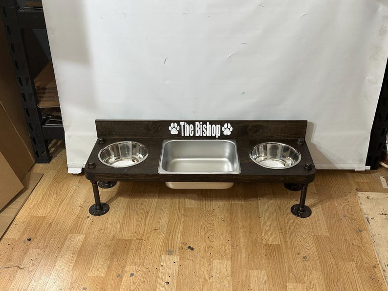 Elevated Dog Feeder with Water Bin, Large Wood Stand, Stainless Steel Bowls