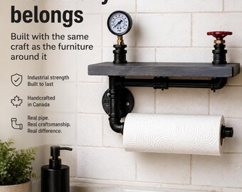 Steampunk Paper Towel Holder with Shelf: Industrial Kitchen Decor