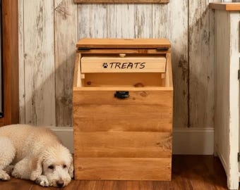X-large Wooden Dog Food Storage Bin Holds 40lb Bags With Raw Treat