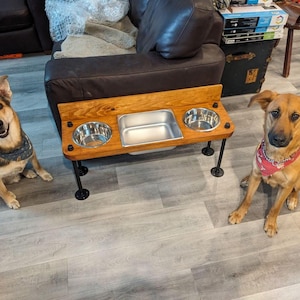Elevated Dog Feeder with Water Bin, Large Wood Stand, Stainless Steel Bowls