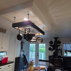 Ceiling Mount Pot Holder, Wood And Iron, Industrial Rack