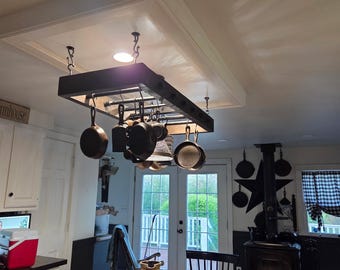 Ceiling Mount Pot Holder, Wood And Iron, Industrial Rack