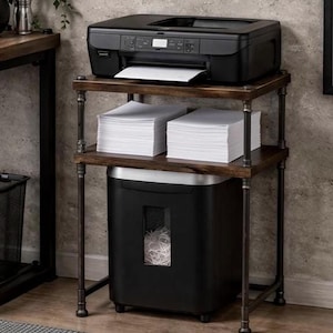 May include: A three-tiered office organiser with a black printer on top, stacks of white paper on the middle shelf, and a black paper shredder at the bottom. The shelves are made of dark wood and supported by a metal frame.
