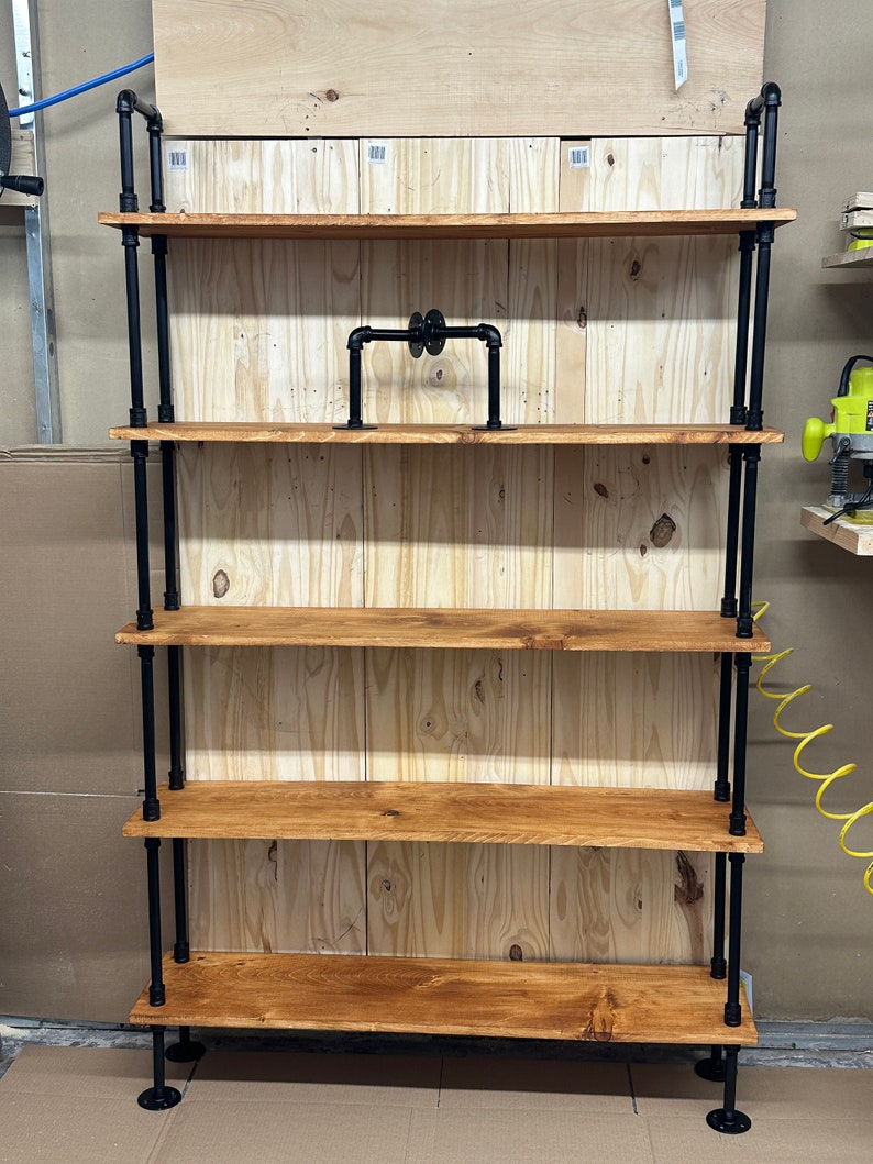 5 shelf Industrial style bookshelf with modified steampunk style decorative handles image 6