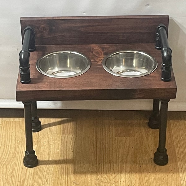 Rustic 2 bowl Raised dog bowl feeder - Retro elevated dog bowls - Industrial style dog bowl stand-NEW LOWER PRICING