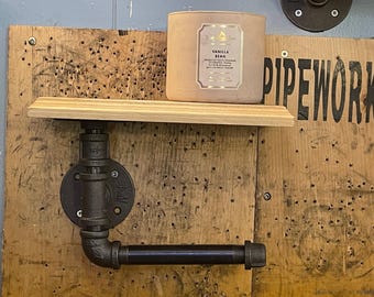 Industrial Toilet Paper Holder with Wooden Shelf: Retro Bathroom Decor