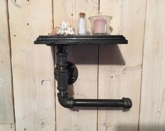 Industrial look Toilet Paper Holder with Shelf - Toilet roll holder with shelf - retro toilet paper holder