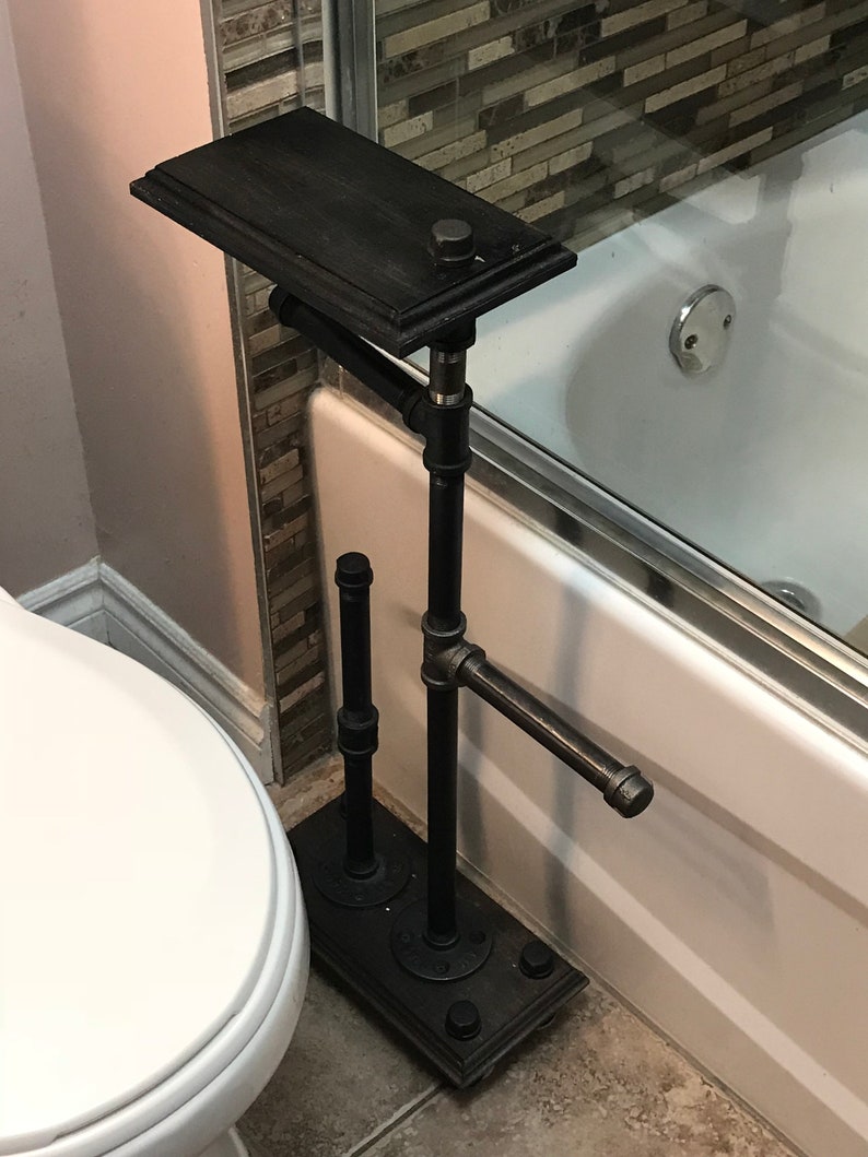 Industrial Style freestanding 5 roll toilet paper holder with phone shelf retro toilet roll stand image 5