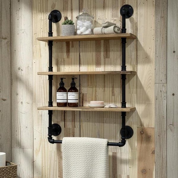 Industrial Pipe Towel Rack With Shelves, Rustic Wood, Black