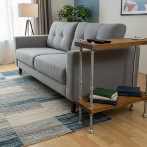 May include: A grey sofa with a wooden side table. The side table has two wooden shelves and metal pipe legs. Books and a remote control are on the shelves. A patterned rug is on the floor.