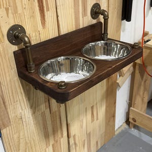 Floating Dog Bowls, Knotty Pine Feeder, Rustic Wood Wall Bar