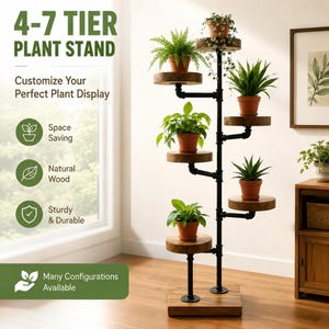 May include: A multi-tiered plant stand with the text "4-7 TIER PLANT STAND". The stand features round wooden shelves and black metal piping. Several potted plants are displayed on the shelves, showcasing a space-saving and sturdy design.