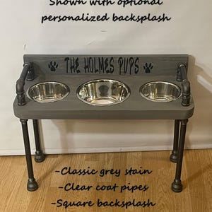 3 bowl elevated dog feeder with optional matching wood backsplash, engraved personalization shown on top