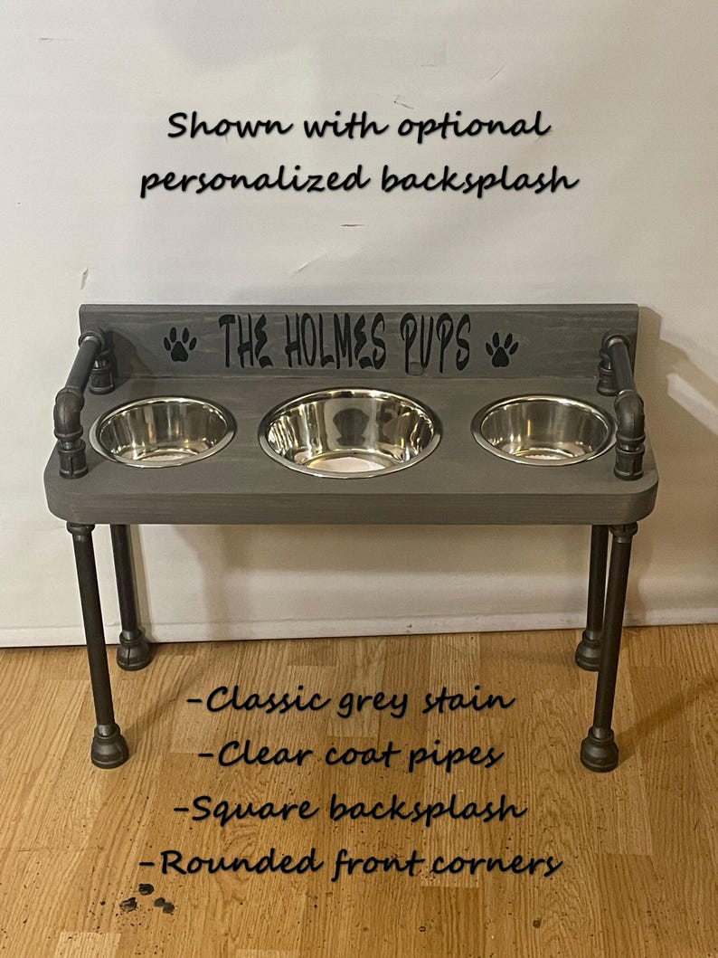 3 bowl elevated dog feeder with optional matching wood backsplash, engraved personalization shown on top