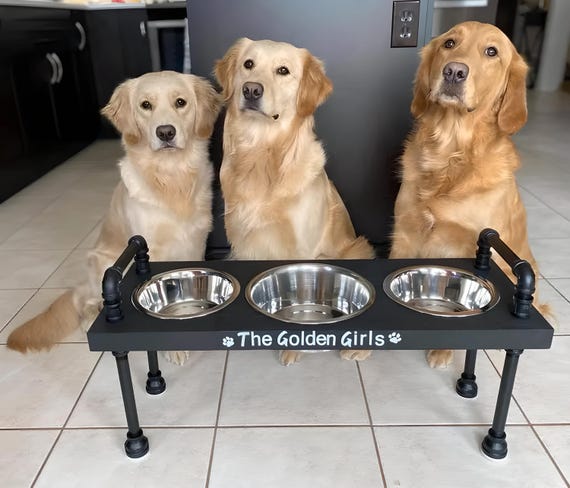 3 Bowl Elevated Dog Feeder, Rustic Wood Pet Feeding Station