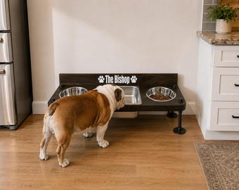 Elevated Dog Feeder with Water Bin, Large Wood Stand, Stainless Steel Bowls