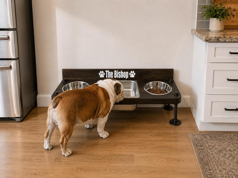 Elevated Dog Feeder with Water Bin, Large Wood Stand, Stainless Steel Bowls
