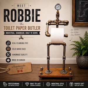 May include: A toilet paper holder shaped like a figure made of bronze-colored metal plumbing pipes. It features a pressure gauge head, two arms holding a roll of white toilet paper, and two legs attached to a rectangular solid wood base with metal bolts.