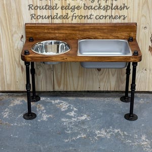 Elevated Dog Feeder with Water Bin, Large Wood Stand, Stainless Steel Bowls