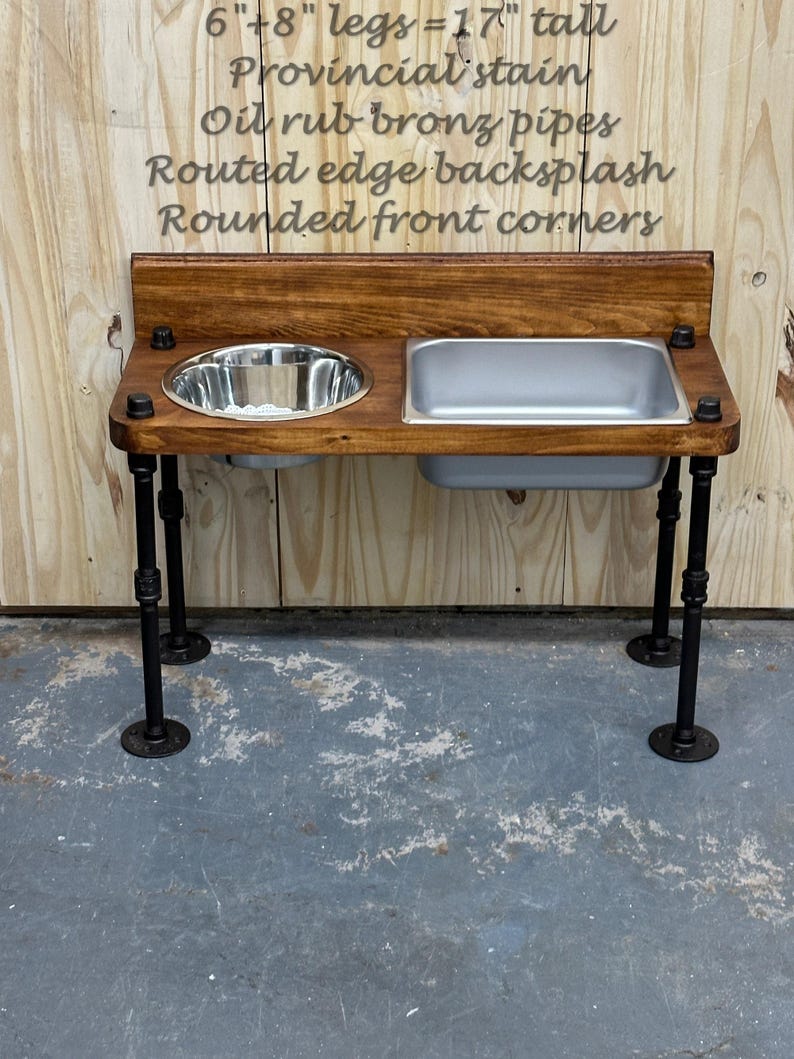 Elevated Dog Feeder with Water Bin, Large Wood Stand, Stainless Steel Bowls