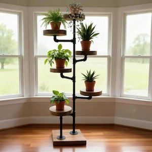 May include: A multi-tiered plant stand made of black metal and wood, with several circular shelves holding potted plants. The stand features a central column with horizontal arms supporting the shelves. The plants are green, and the pots are terracotta.