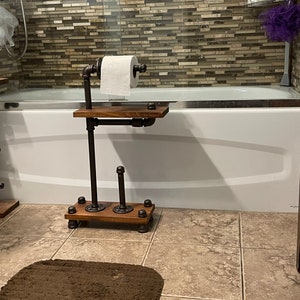 Mini 2 roll toilet paper stand with phone shelf - rustic toilet paper stand - industrial style toilet paper stand
