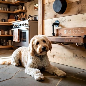 Floating Dog Bowls, Knotty Pine Feeder, Rustic Wood Wall Bar
