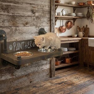 Floating Dog Bowls, Knotty Pine Feeder, Rustic Wood Wall Bar