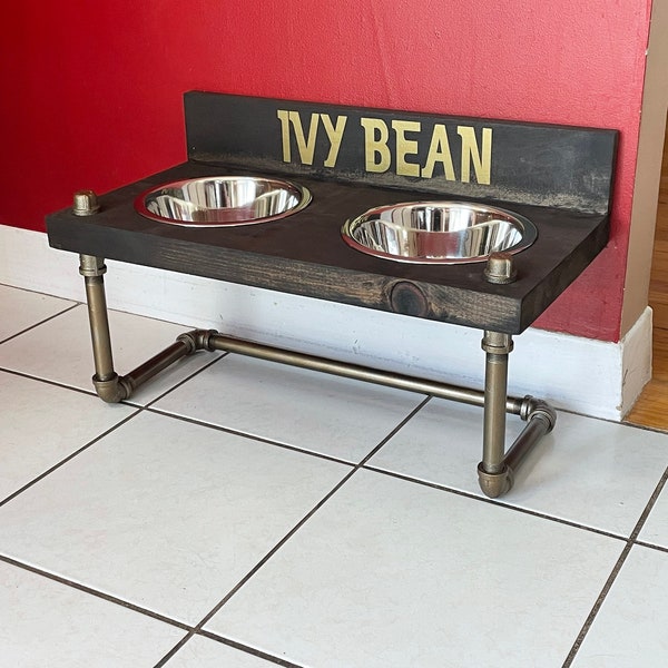 Floating raised dog bowl feeder with matching available backsplash - Retro elevated dog bowls - Industrial style dog bowl stand