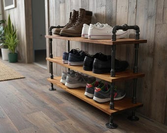 Industrial Shoe Rack, Steampunk Decor Entryway Organizer, Rustic Wood, Union Style Handles